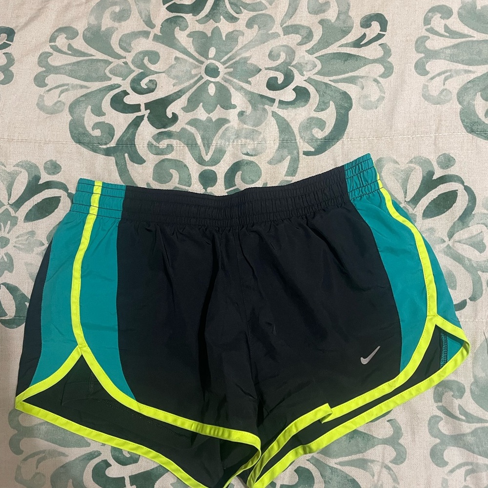 Nike Women's Black and Teal Athletic Shorts with Neon Accents
